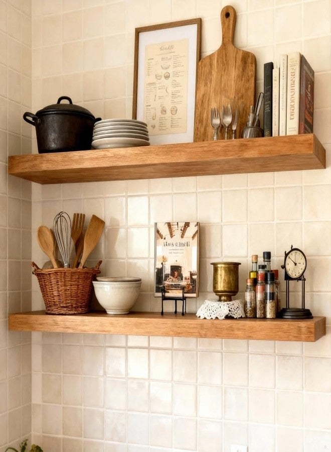 ROGMARS 36 Inches Long Walnut Floating Shelves,Rustic Solid Wood Farmhouse Wall Shelves with Invisible Brackets for Bathroom, Living Room, Bedroom, Kitchen Set of 2 - Image 4